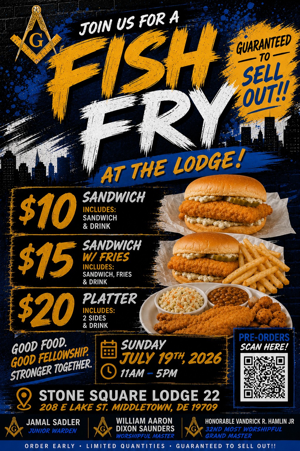Stone Square Lodge No. 22 Fish Fry flyer, Sunday July 19, 2026, 11 AM to 5 PM at the Lodge