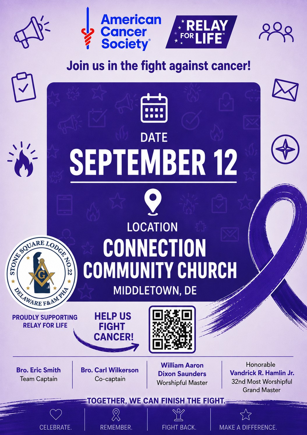 Stone Square Lodge No. 22 Relay For Life flyer, Saturday September 12, 2026, at Connection Community Church